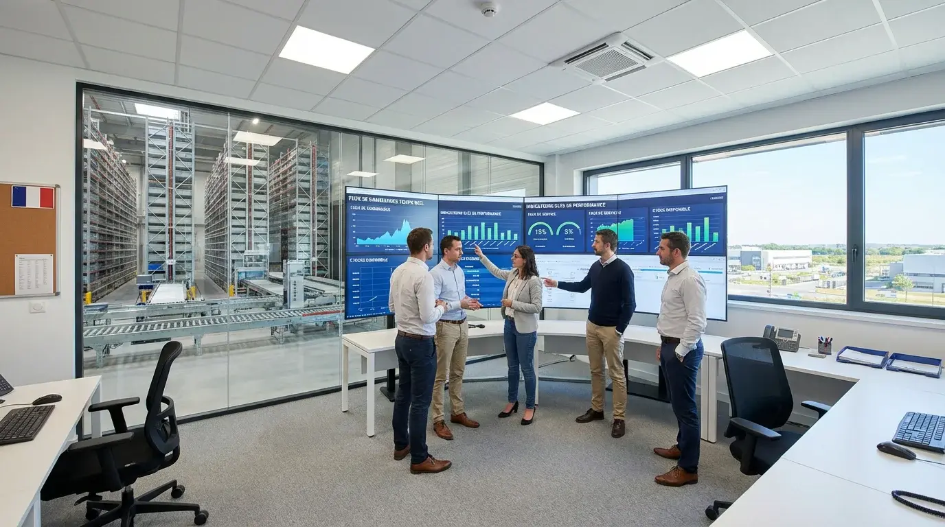Équipe logistique supervisant les flux de commandes automatisés dans un centre de distribution