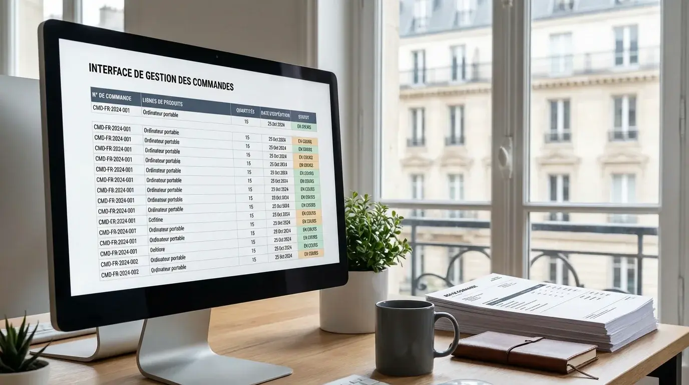 Bureau professionnel avec écran affichant une interface d'extraction de données de commandes et bons de commande imprimés