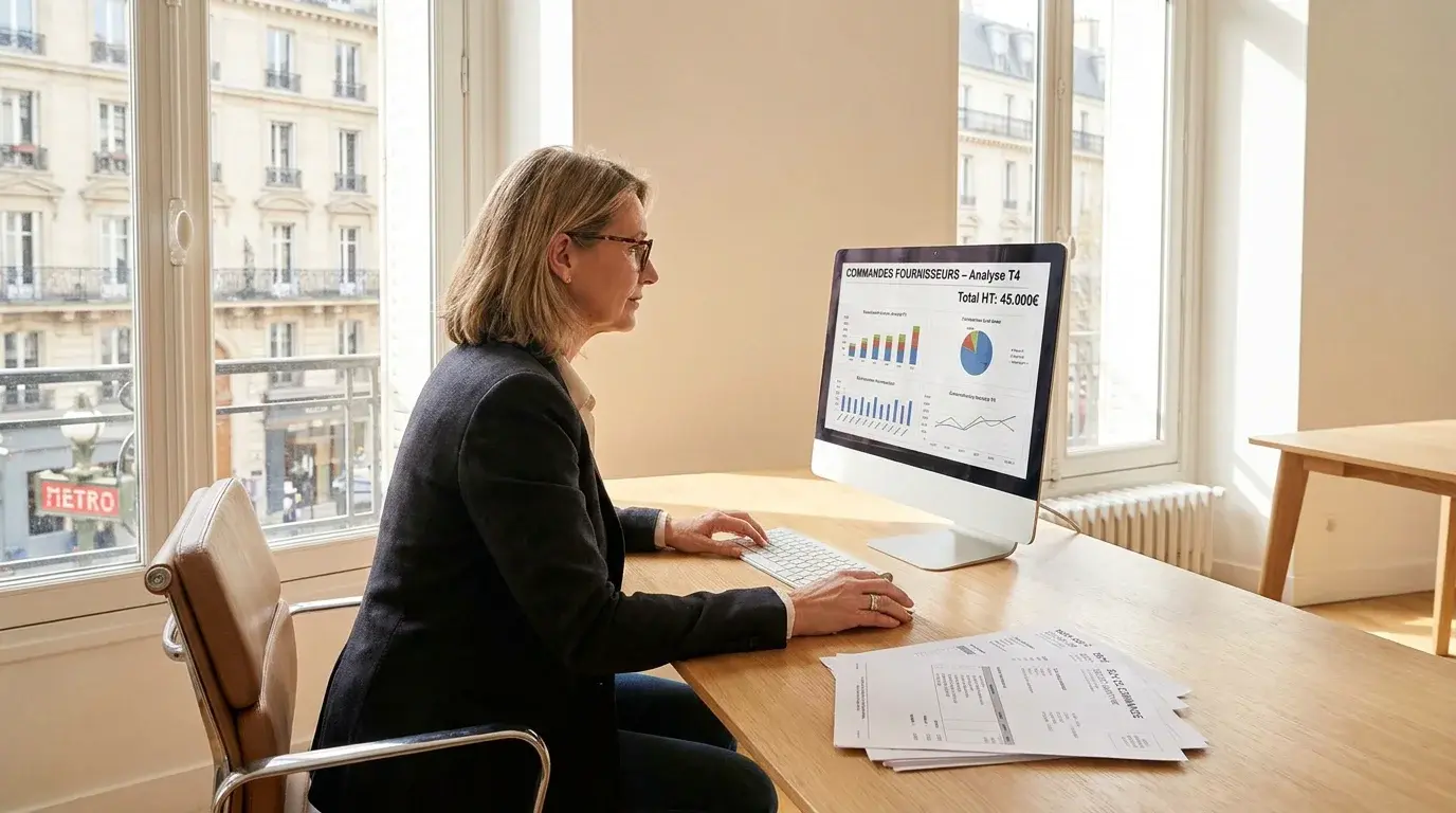 Opératrice ADV vérifiant des commandes B2B sur écran dans un bureau moderne