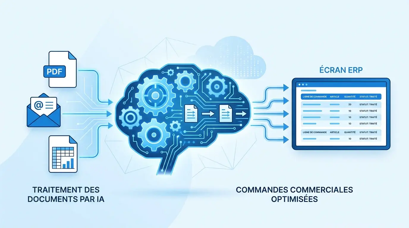 Schéma conceptuel de l'automatisation par IA du traitement des commandes vers un ERP