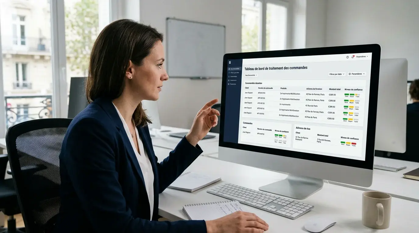 Gestionnaire ADV vérifiant une commande extraite par IA avec indicateurs de confiance