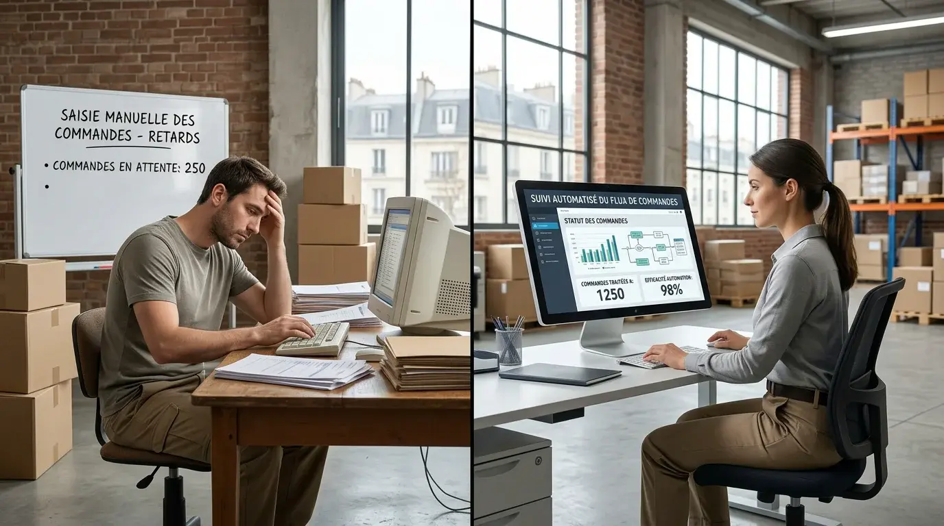 Comparaison entre saisie manuelle des commandes et supervision d'un flux automatisé par IA