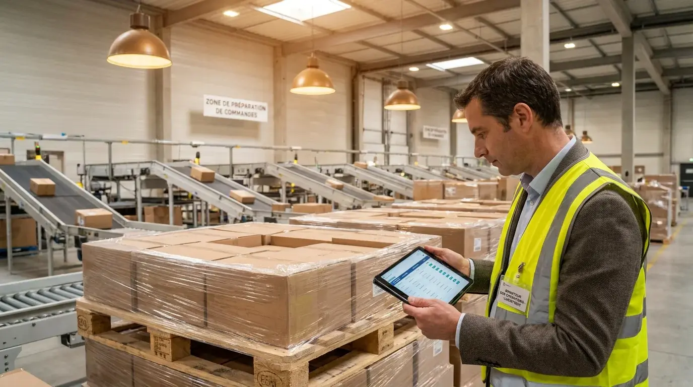 Responsable logistique contrôlant des commandes sur tablette dans un entrepôt de distribution en France