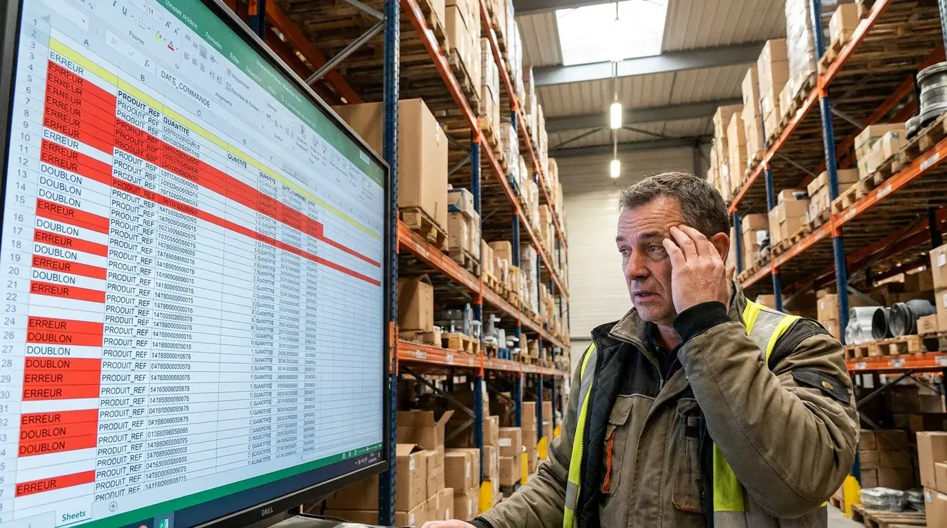 Responsable logistique face à un écran affichant un référentiel article contenant des doublons et erreurs