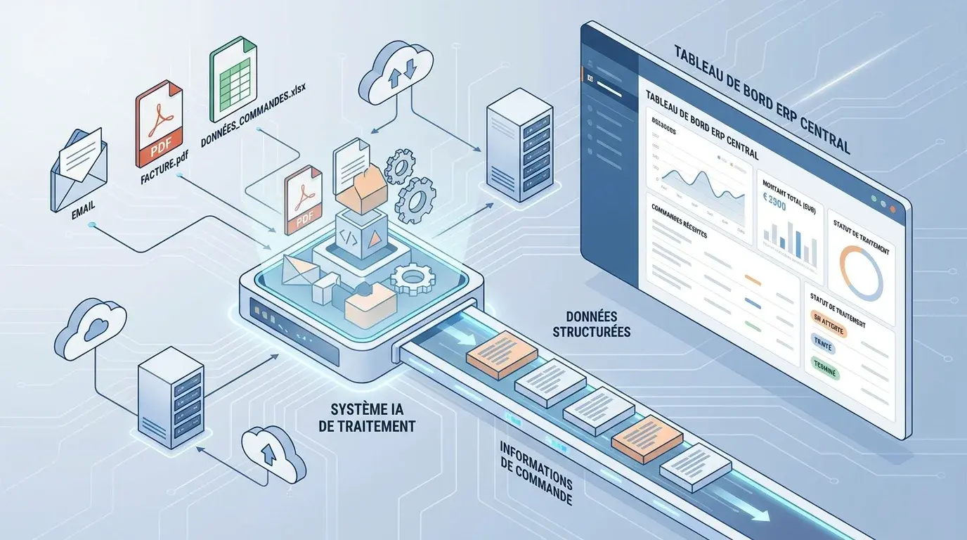 Illustration d'une solution IA traitant automatiquement des commandes B2B reçues par email en différents formats
