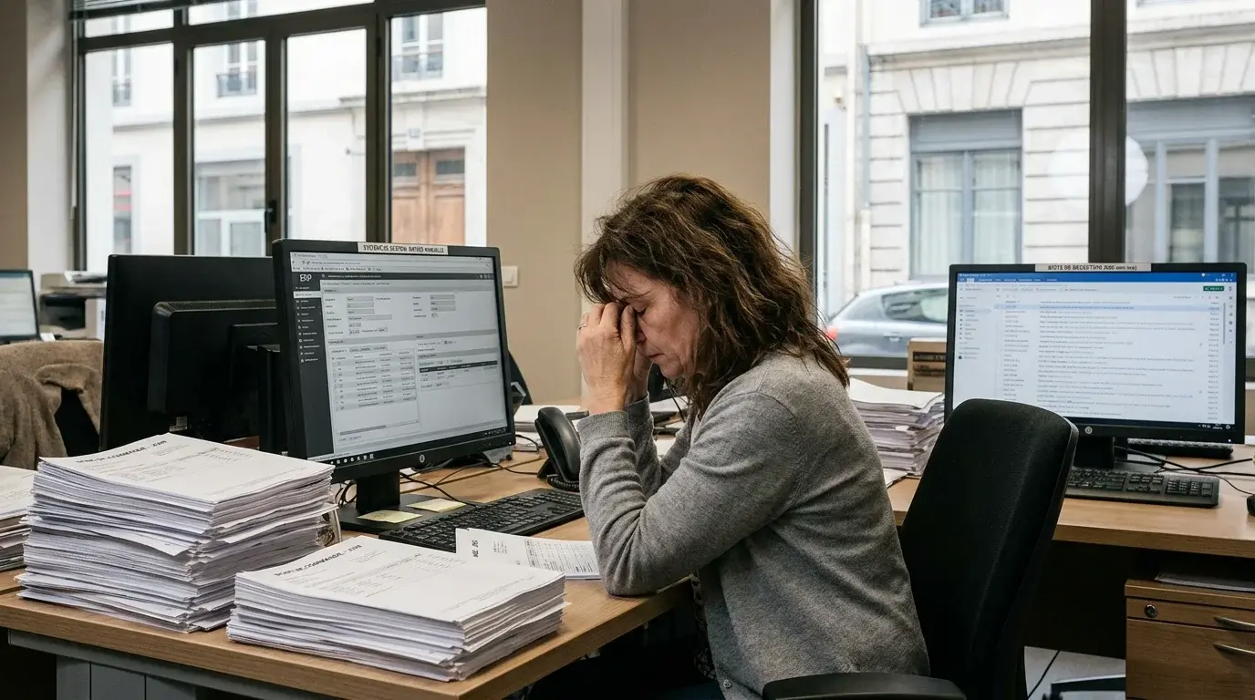 Employée de bureau submergée par la saisie manuelle de commandes dans un environnement de distribution B2B