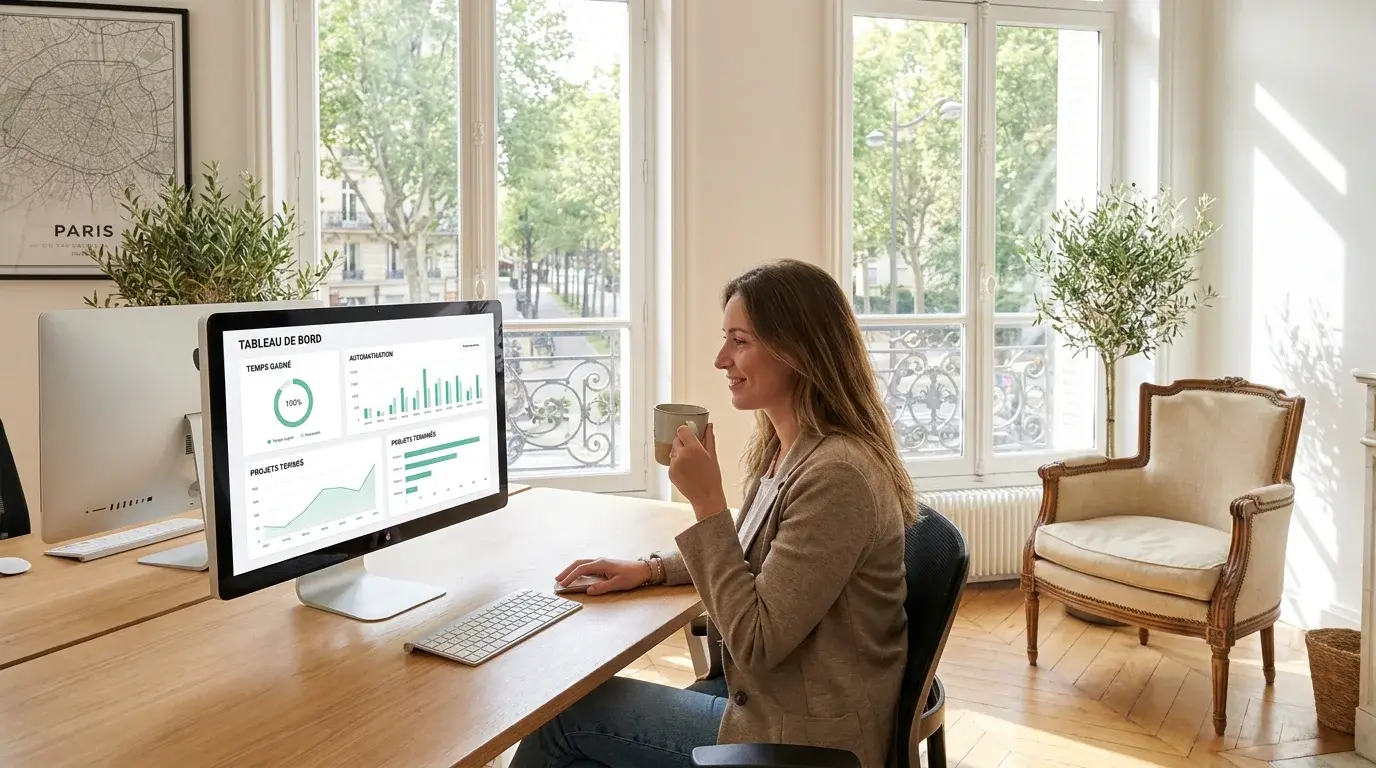 Responsable ADV sereine devant un tableau de bord de suivi des commandes automatisées