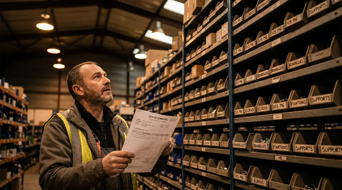 Employé d'entrepôt de négoce de quincaillerie face à des milliers de références sur étagères métalliques