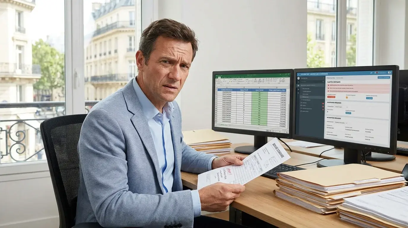Gestionnaire ADV face à un écran ERP et un bon de commande papier dans un bureau de négoce