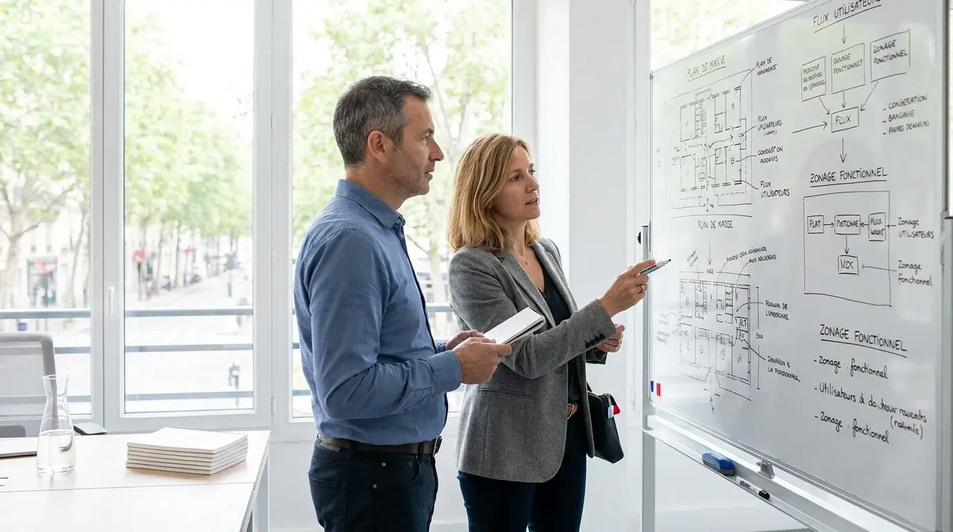 Équipe technique planifiant l'architecture d'un outil de gestion des commandes sur un tableau blanc