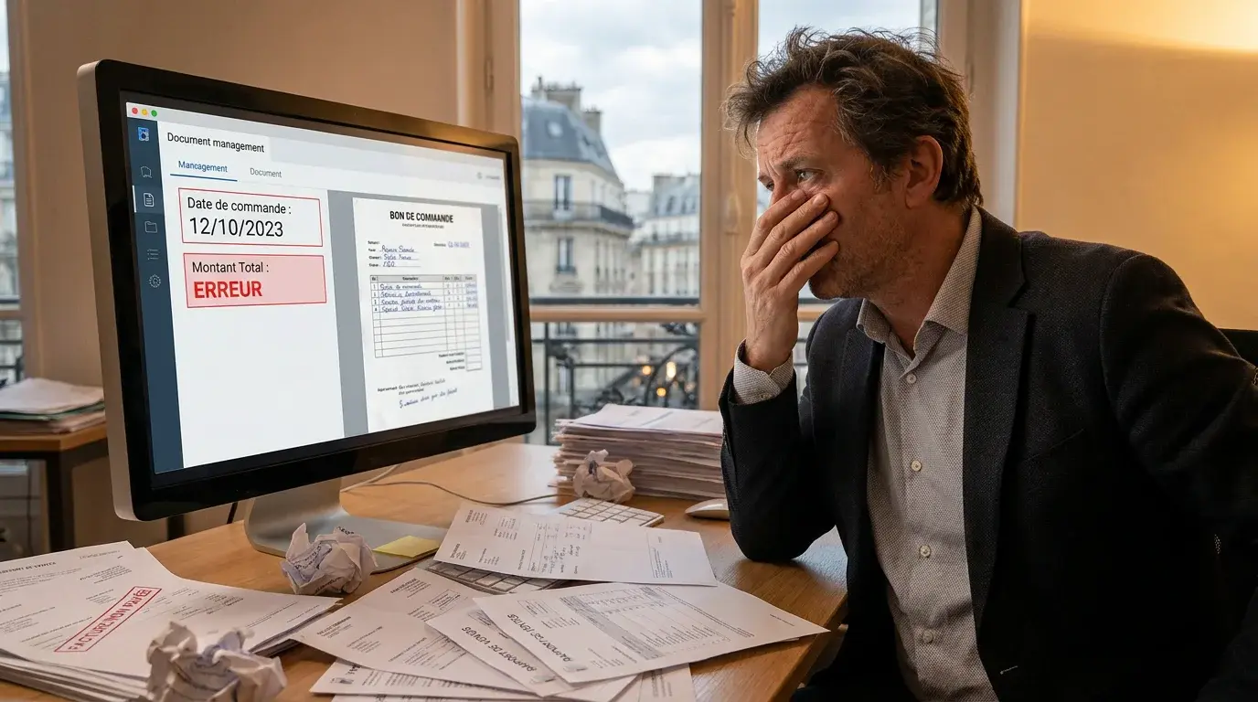 Employé de bureau frustré devant des erreurs d'OCR sur un bon de commande scanné