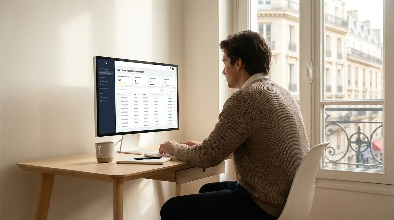Collaborateur ADV serein devant un écran de pilotage des commandes automatisées