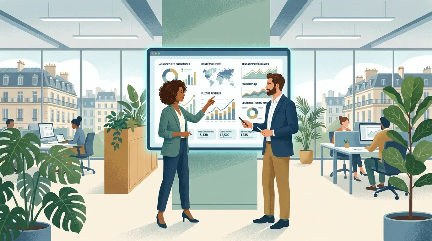 Équipe ADV collaborant autour d'un tableau de bord analytique des commandes