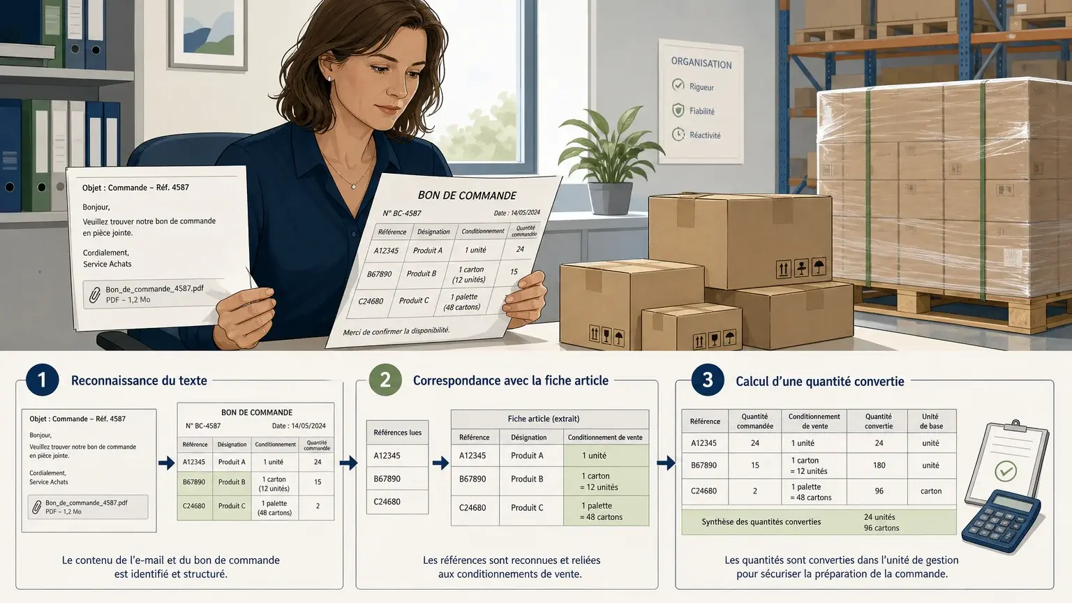 Responsable ADV vérifiant la conversion d’un conditionnement entre un bon de commande et un ERP