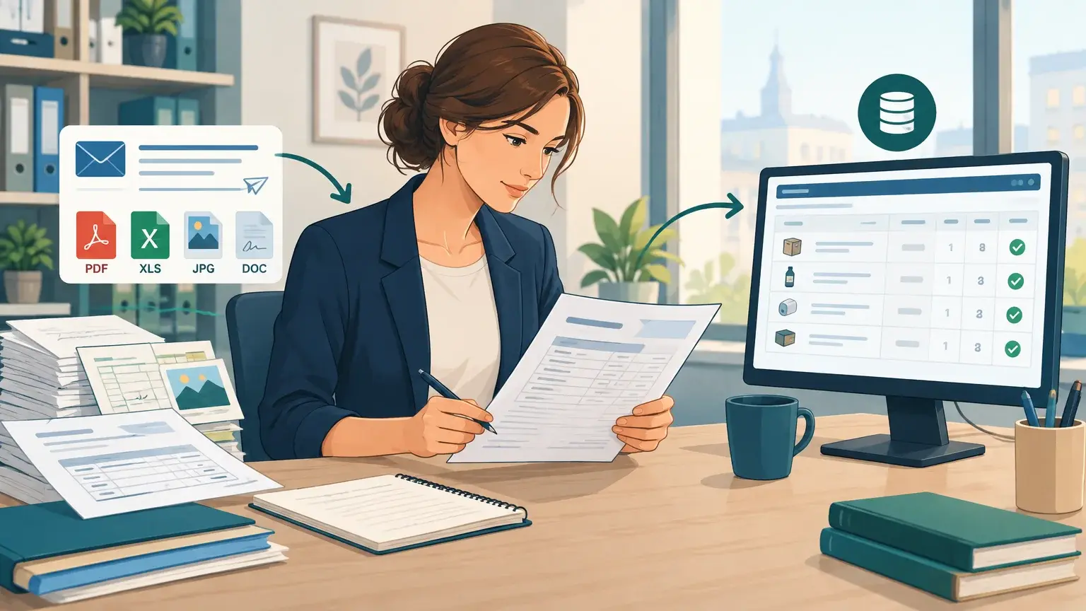 Une professionnelle de l’ADV examine des données de commande extraites d’un e-mail avant leur intégration à l’ERP.