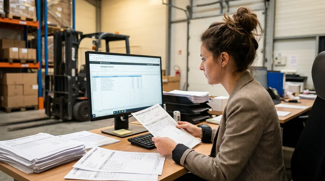 Opérateur ADV comparant une commande client manuscrite à un catalogue numérique sur écran