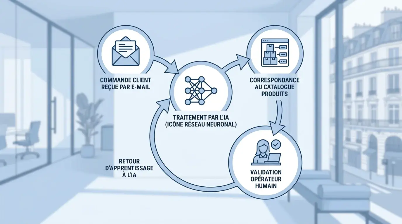 Schéma du cycle d'apprentissage continu pour le rapprochement des références client