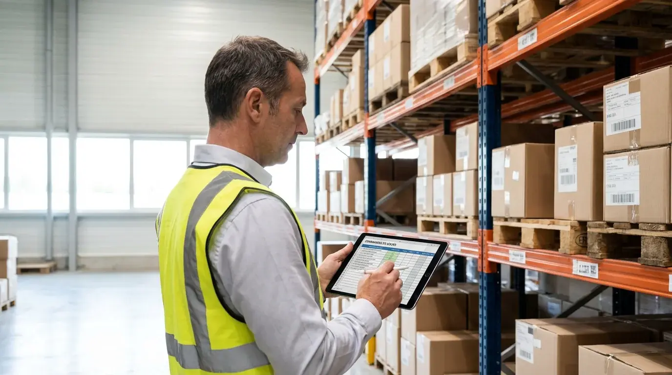 Responsable logistique consultant les commandes sur une tablette dans un entrepôt moderne en France