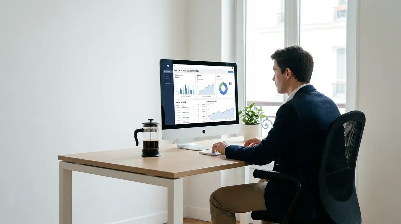 Collaboratrice ADV consultant un tableau de bord de suivi des commandes sur son écran