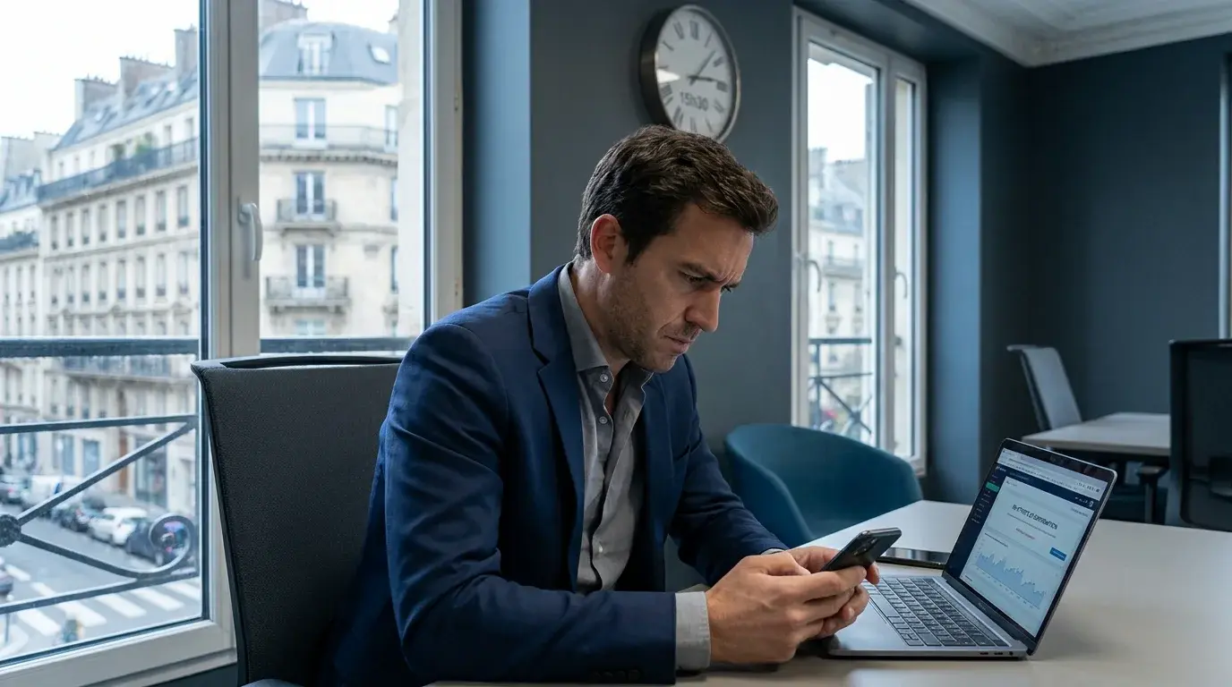 Professionnel attendant une confirmation de commande dans un environnement de bureau