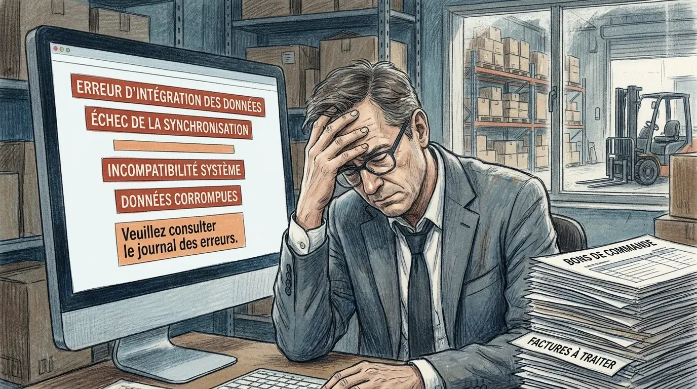 Professionnel européen confronté aux limites de l'EDI classique dans un bureau de grossiste