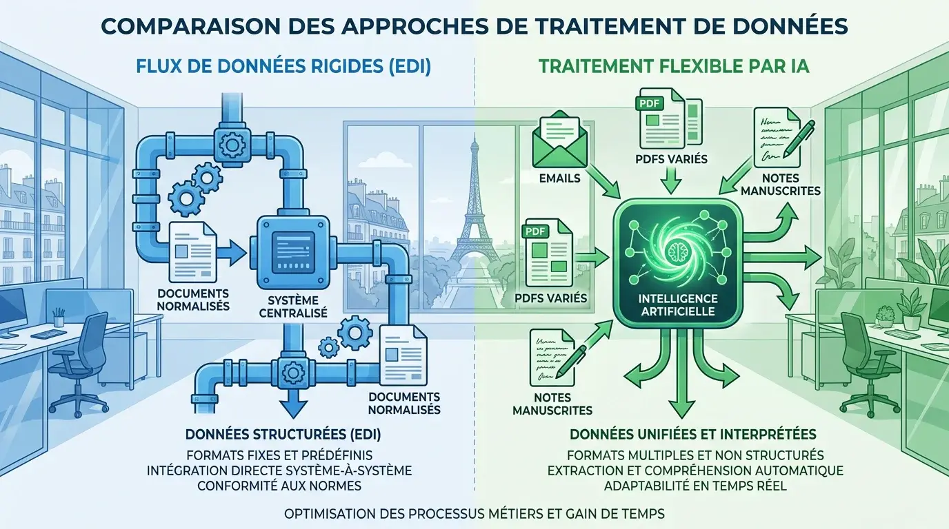 Comparatif visuel entre l'EDI traditionnel et le traitement des commandes par IA