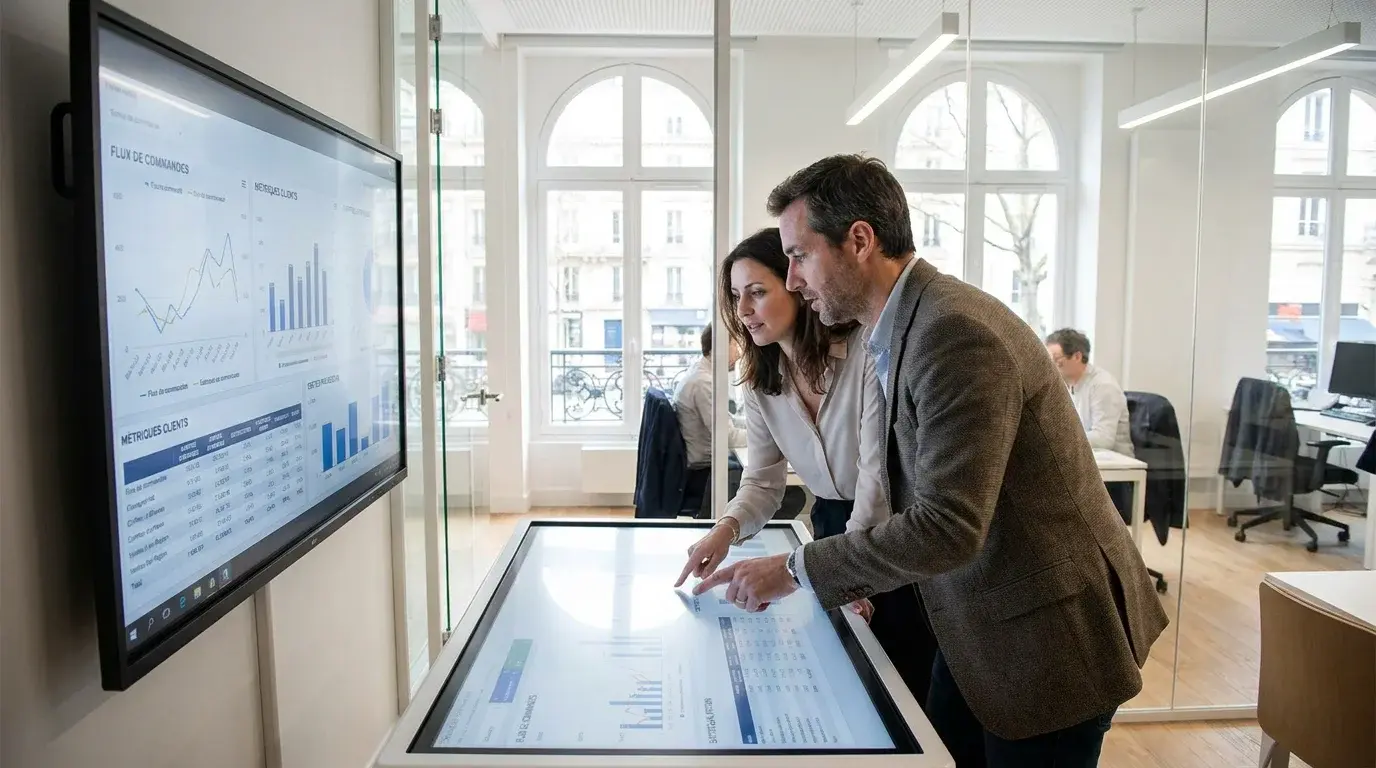 Collaboration entre équipes ADV et service client dans un bureau moderne en France