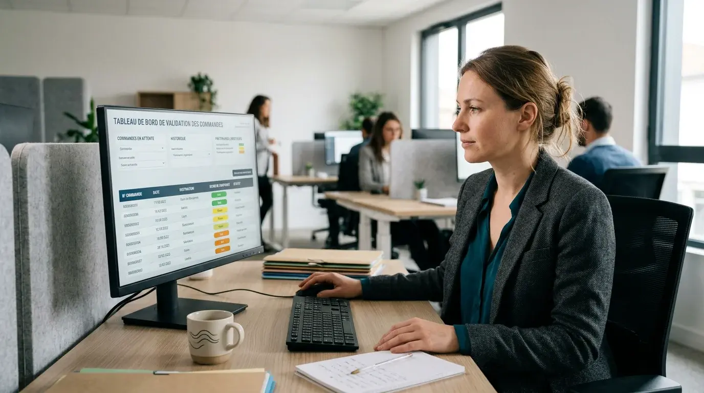 Gestionnaire ADV validant une commande avec note de confiance à l'écran