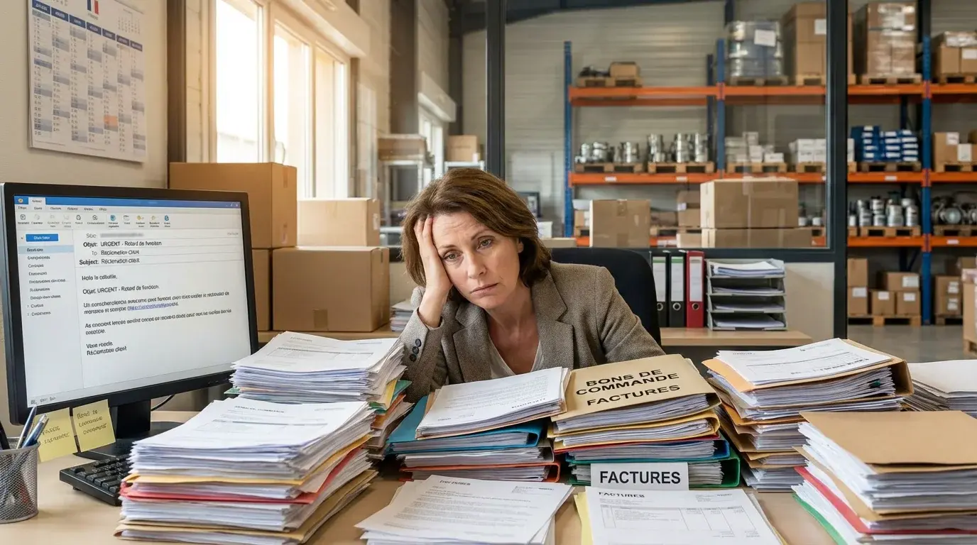 Employée ADV débordée par des bons de commande papier et des emails sur son écran