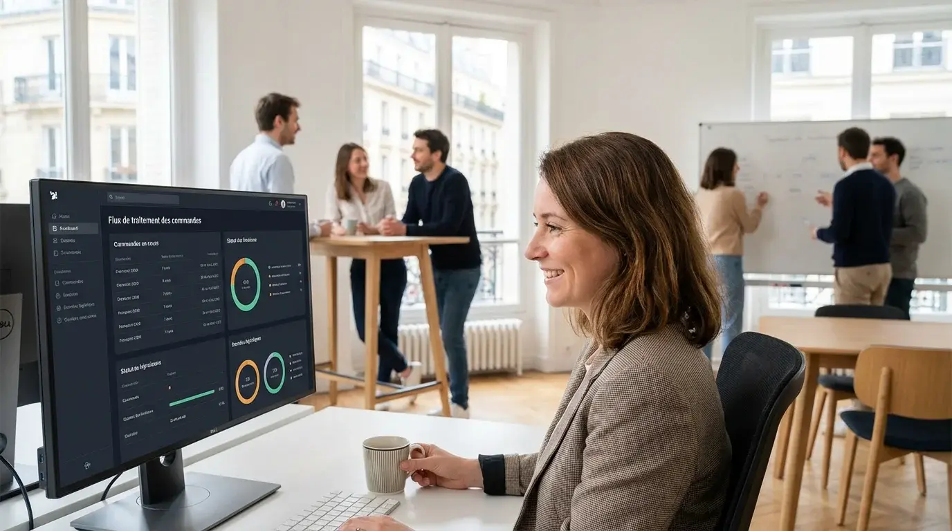 Gestionnaire ADV souriante devant un tableau de bord de suivi des commandes automatisées