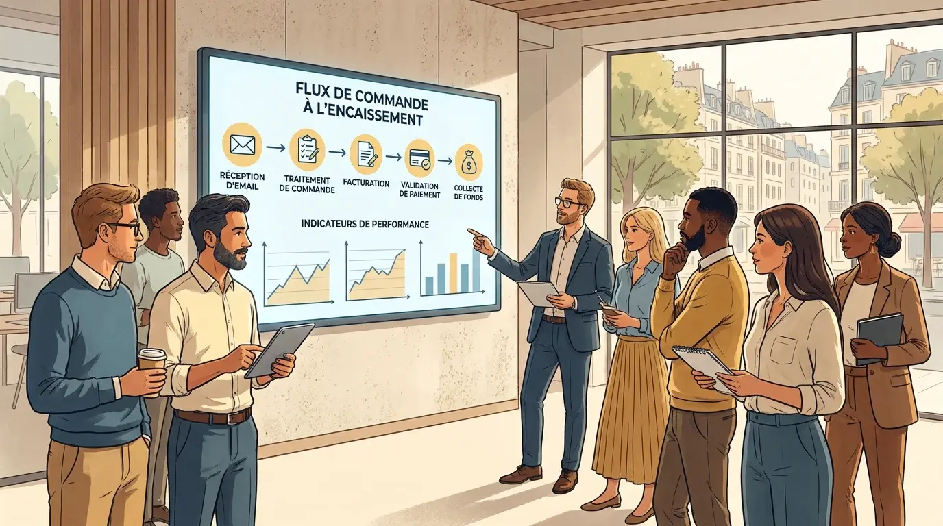 Équipe professionnelle analysant un tableau de bord du cycle order to cash