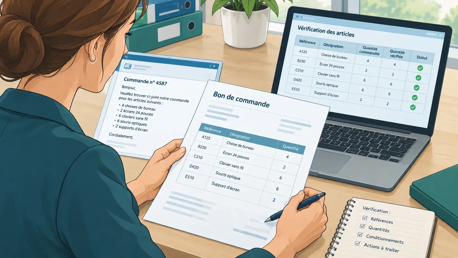 Une responsable ADV vérifie une commande reçue par e-mail avant sa validation dans l’ERP